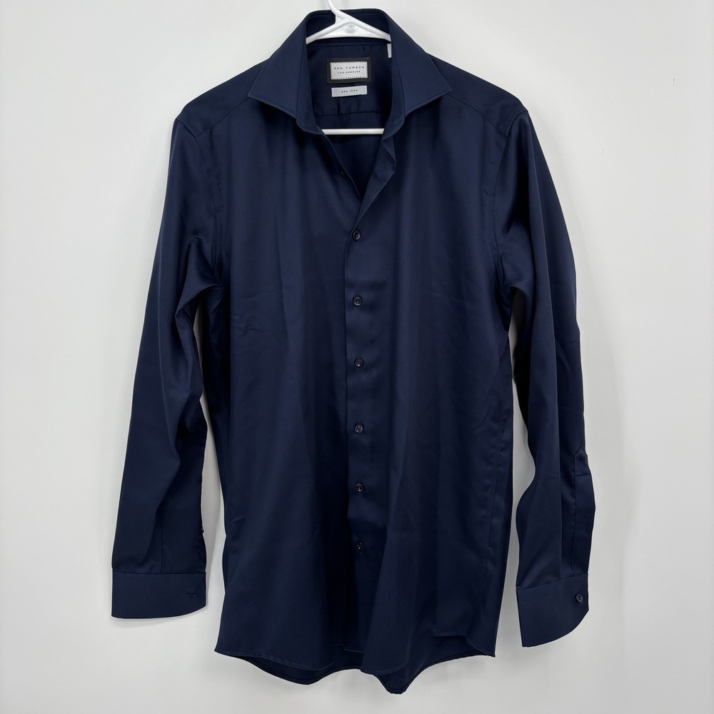 Ron Tomson Navy Blue Dress Shirt Men's Medium Slim Non Iron Button Up